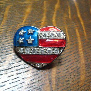 American Flag USA Bling Rhinestone Heart Lapel Pin Brooch